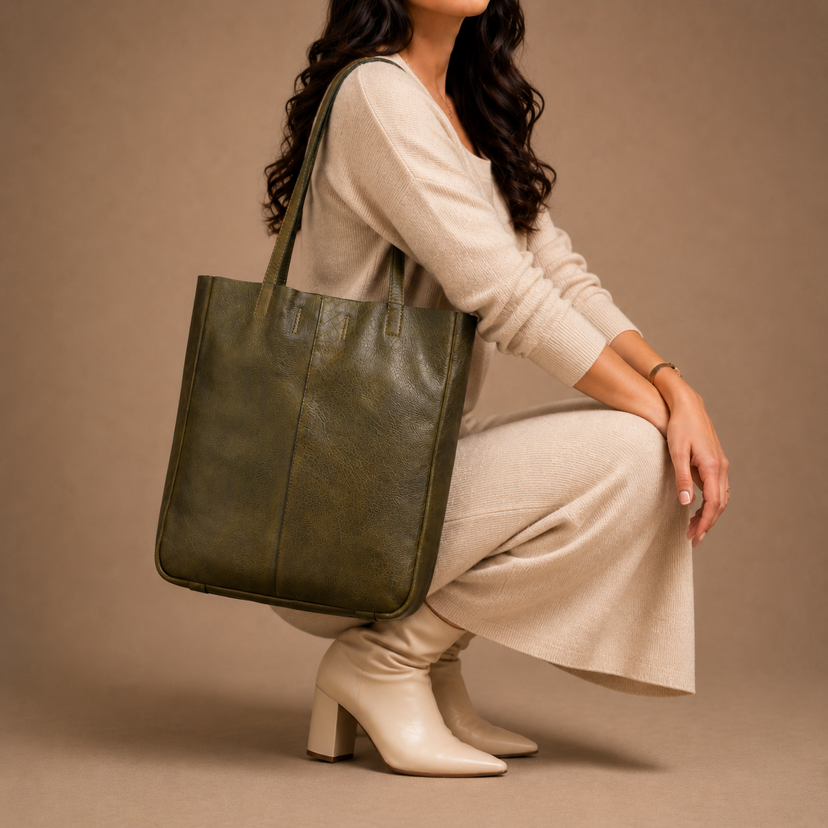 Olive green leather bag - worn on the shoulder, handcrafted buffalo leather | Hema Emporium