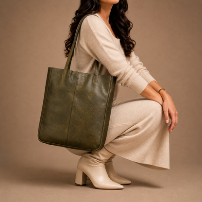 Olive green leather bag - worn on the shoulder, handcrafted buffalo leather | Hema Emporium