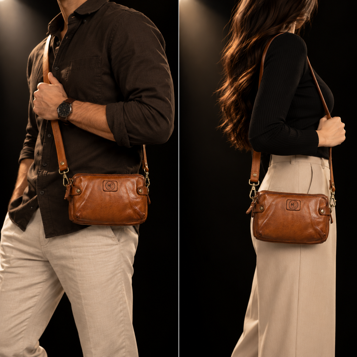 Compact Leather Sling Bag - Tan Brown