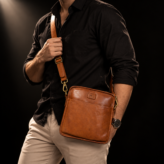 Large Leather Crossbody Bag for Men - Tan Brown