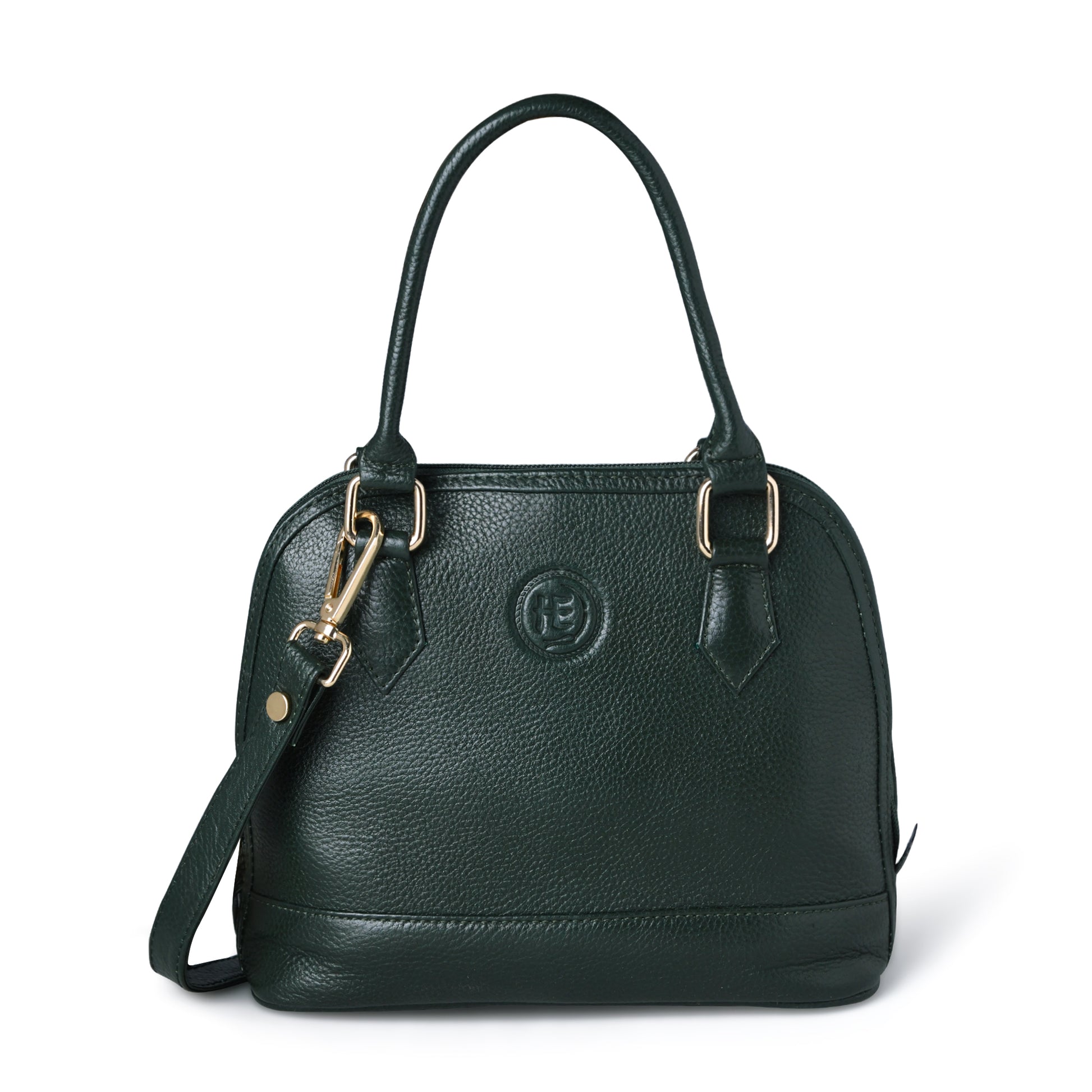 Forest Green leather bag - front view with top handle, handcrafted buffalo leather | Hema Emporium