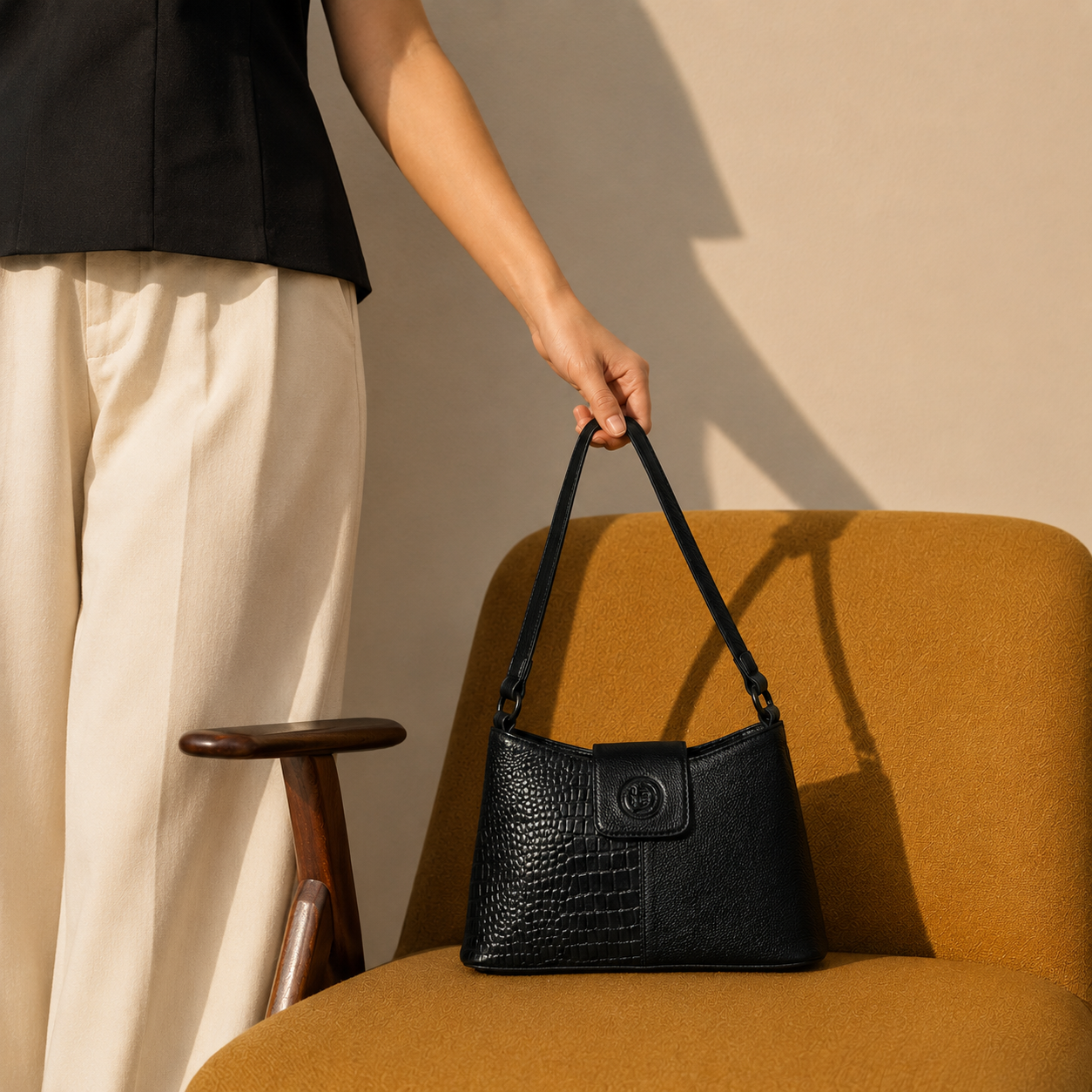 Black Leather Shoulder Bag - worn lifestyle shot, handcrafted buffalo leather | Hema Emporium