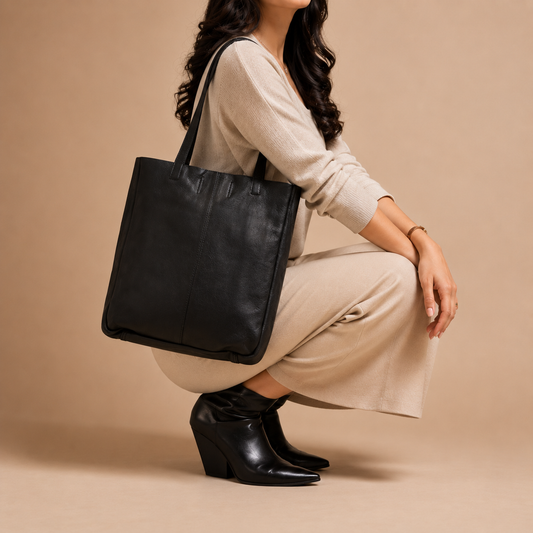 Black Leather Tote Bag - worn lifestyle shot, handcrafted buffalo leather | Hema Emporium