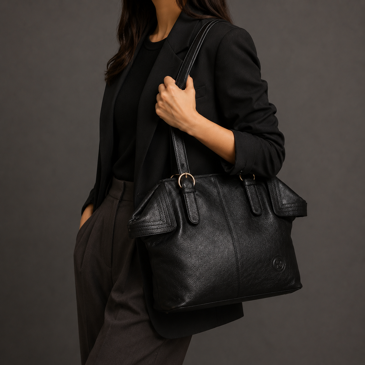 Black Leather Tote Bag - worn lifestyle shot, handcrafted buffalo leather | Hema Emporium