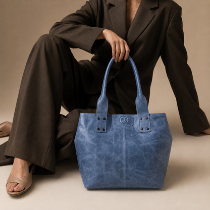Blue Leather Tote Bag - worn lifestyle shot, handcrafted buffalo leather | Hema Emporium