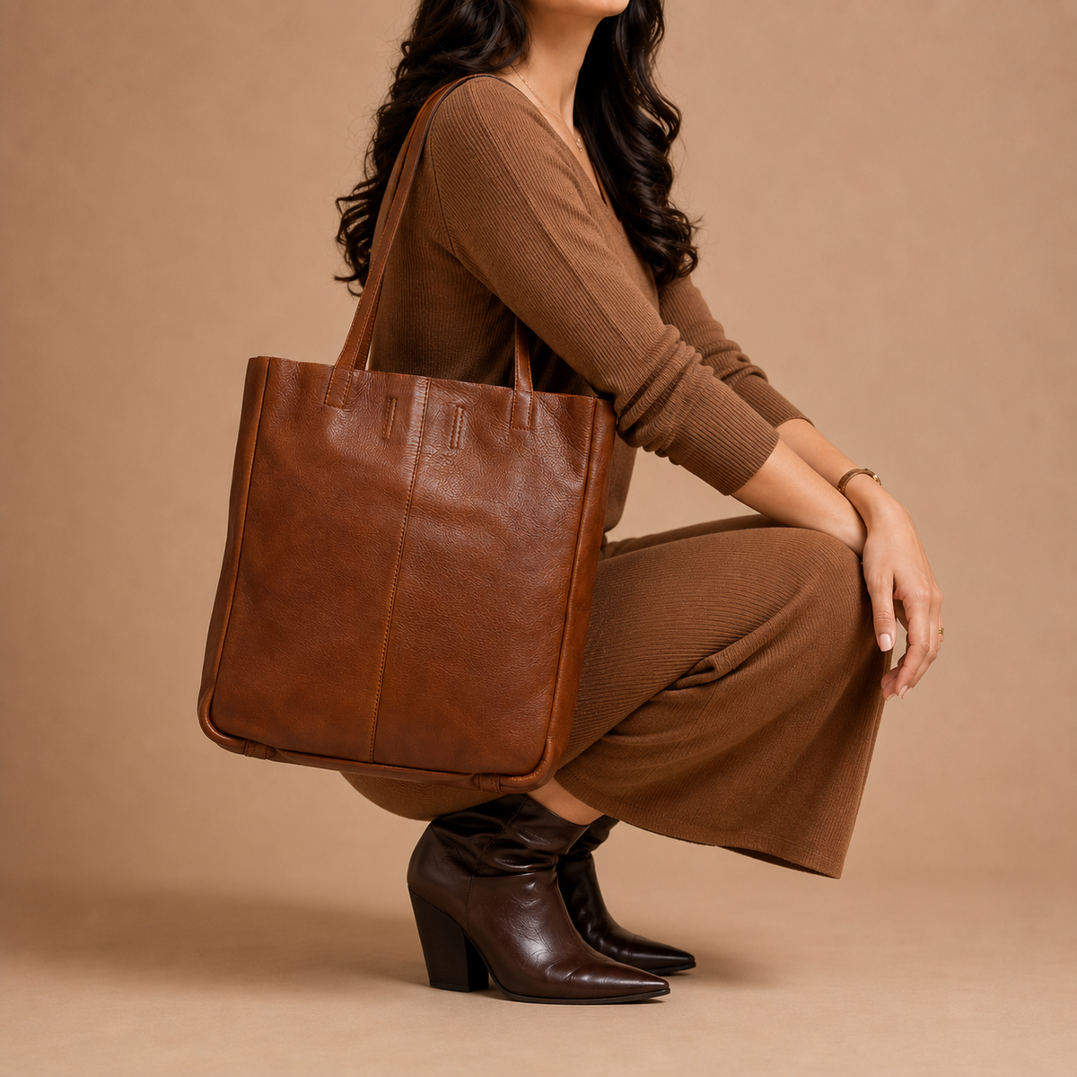 Brown Leather Tote Bag - worn lifestyle shot, handcrafted buffalo leather | Hema Emporium
