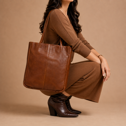 Brown Leather Tote Bag - worn lifestyle shot, handcrafted buffalo leather | Hema Emporium