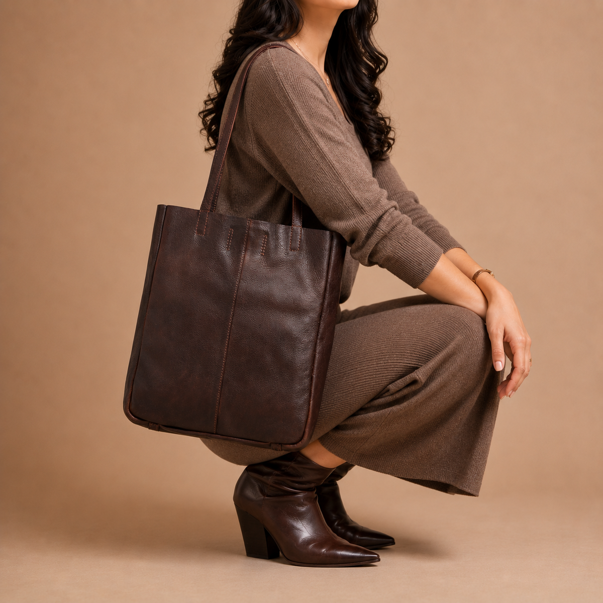 Espresso Brown Leather Tote Bag - worn lifestyle shot, handcrafted buffalo leather | Hema Emporium