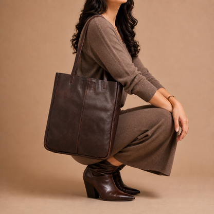 Espresso Brown Leather Tote Bag - worn lifestyle shot, handcrafted buffalo leather | Hema Emporium