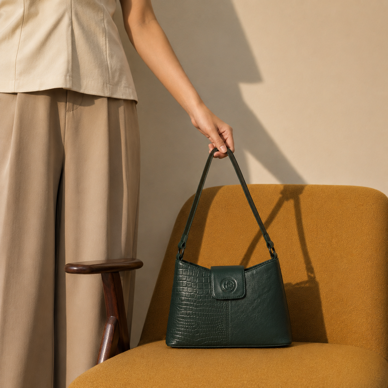Forest Green Leather Shoulder Bag - worn lifestyle shot, handcrafted buffalo leather | Hema Emporium