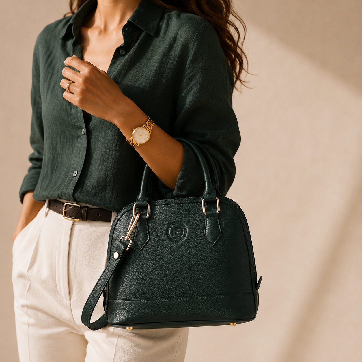 Person holding a forest green handbag