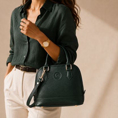 Person holding a forest green handbag