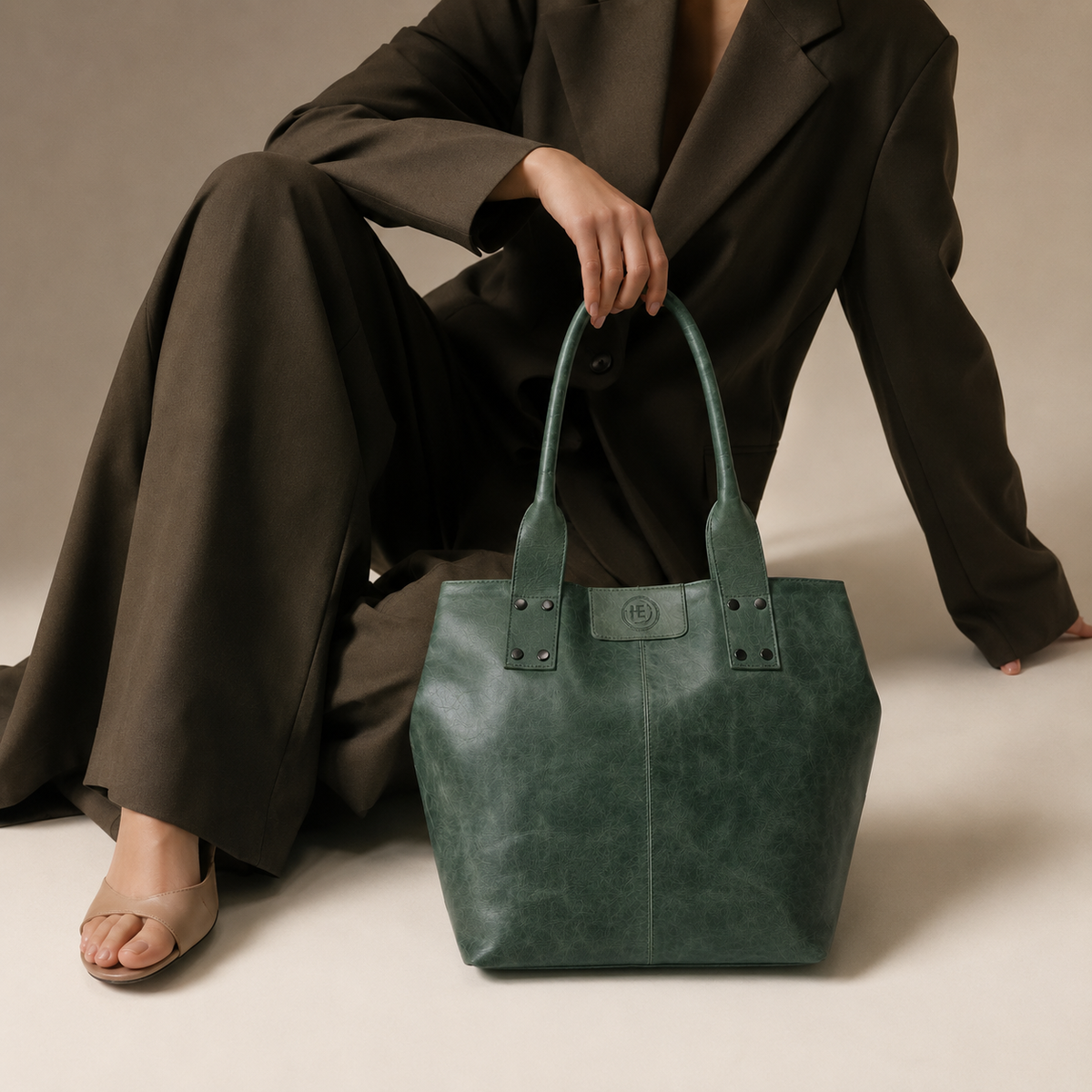 Green Leather Tote Bag - worn lifestyle shot, handcrafted buffalo leather | Hema Emporium