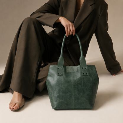Green Leather Tote Bag - worn lifestyle shot, handcrafted buffalo leather | Hema Emporium