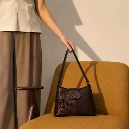 Maroon Red Leather Shoulder Bag - worn lifestyle shot, handcrafted buffalo leather | Hema Emporium