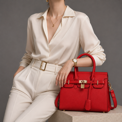 Red Leather Satchel Bag - worn lifestyle shot, handcrafted buffalo leather | Hema Emporium