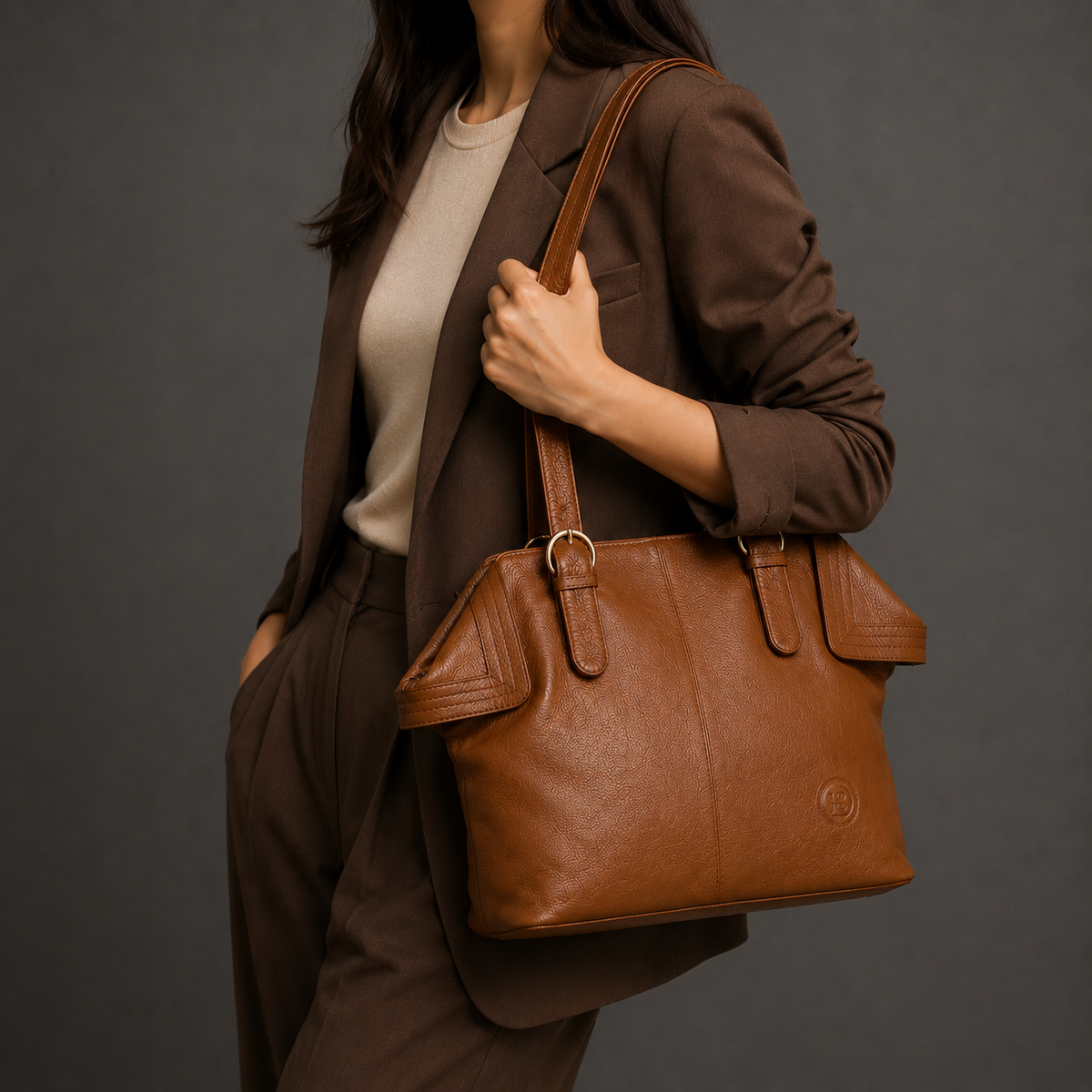 Tan Brown Leather Tote Bag - worn lifestyle shot, handcrafted buffalo leather | Hema Emporium