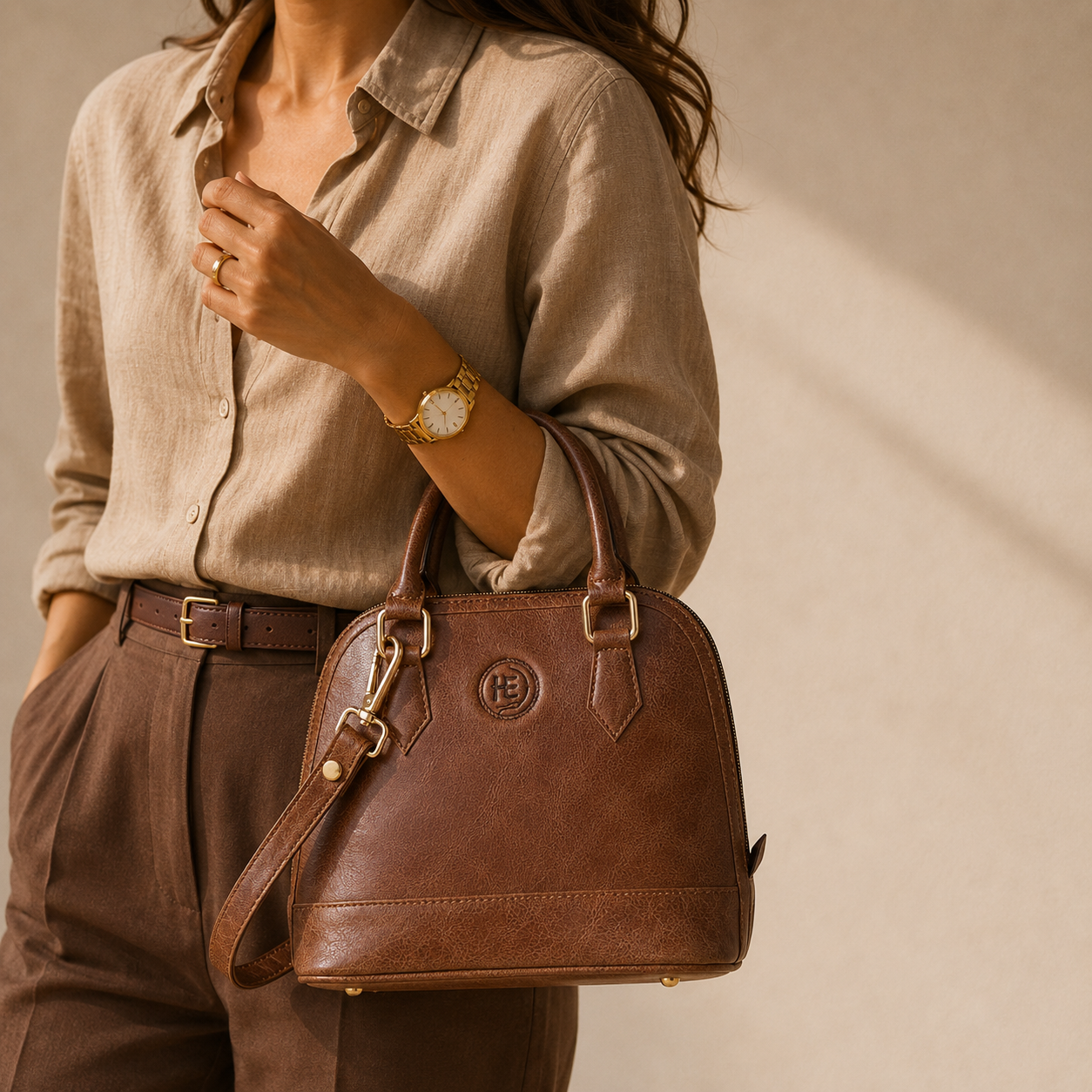 Person holding a tan brown leather handbag 